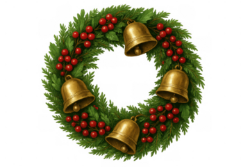 Christmas wreath decorating with golden bells and red berries, celebrating winter holidays and festive season