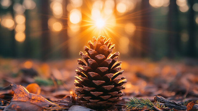 A pinecone opening under golden light symbolizes growth renewal and natural cycles representing the subtle beauty of nature the passage of time and the harmony of forest life