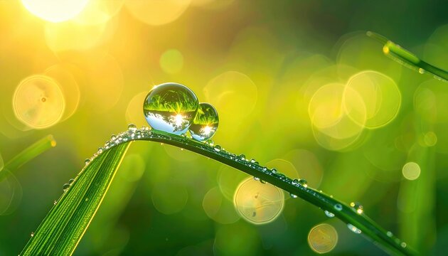 Close up of dew drops on grass blades reflecting sunlight with bokeh background in the morning