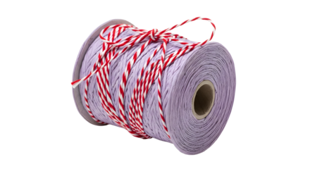 Gift - Close-up of purple twine spool wrapped with red and white striped string, isolated on white background, perfect for crafts and gift wrapping