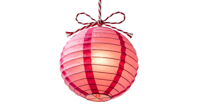 Gift - Pink paper lantern with red stripes hanging by string tied in bow, decorative lighting for events and festivals