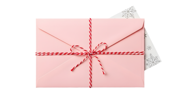 Gift - Pink envelope tied with red and white string bow and decorative snowflake card inside, perfect for holiday greetings and festive invitations