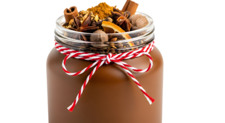 Gift - Jar of homemade chocolate spread with cinnamon sticks and star anise, topped with nuts and spices, perfect for dessert recipes