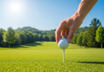 Golfers hand placing white golf ball on tee on green grass with fairway and trees in background under sunny sky