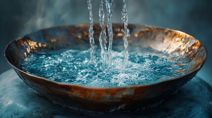 Water pouring into a ceremonial bowl symbolizes ritual purity mindfulness and spiritual intention representing cultural tradition sacred practices and the gentle flow of water in meditation