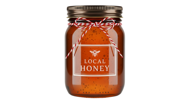 Gift - Jar of local honey with a metal lid and red and white string tied around the neck, ideal for food packaging and natural product presentations