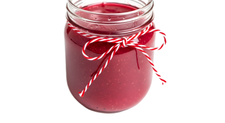 Gift - Jar of red jam with decorative red and white string tied around the top, isolated on white background, perfect for food blogs and packaging design