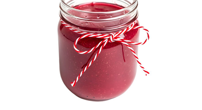 Gift - Jar of red jam with decorative red and white string tied around the top, isolated on white background, perfect for food blogs and packaging design