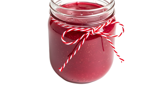 Gift - Jar of red jam with decorative red and white string tied around the top, isolated on white background, perfect for food blogs and packaging design