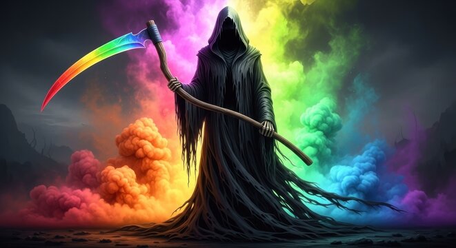 A grim reaper with a rainbow scythe standing in a colorful, mystical landscape. - Powered by Adobe