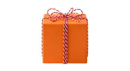 Gift - Orange gift box with red and white striped twine bow isolated on white background, perfect for birthday or holiday celebrations