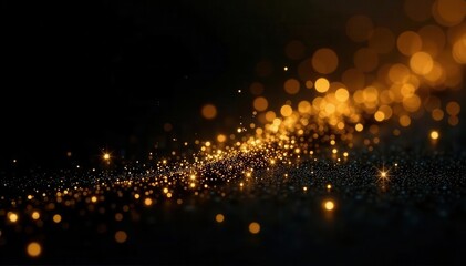 Golden glitter scattered across black, creating a sparkling effect , festive, gold, texture