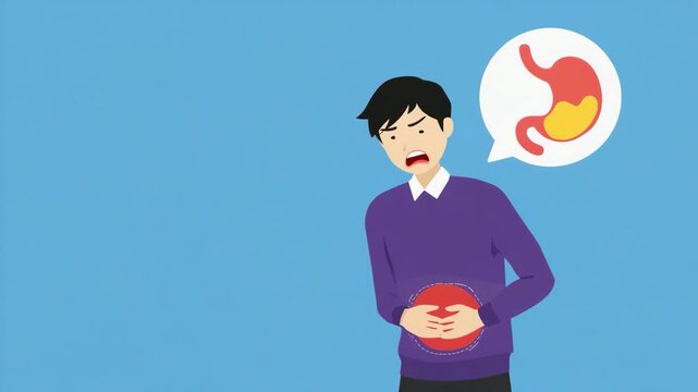 2D Animation of a Man Suffering from Stomach Ache and Indigestion. Medical Concept Illustration Showing Gastritis, Abdominal Pain, and Acid Reflux with a Symptom Bubble.