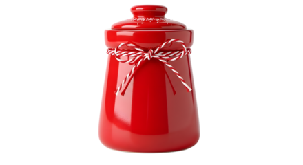 Gift - Red ceramic jar with lid and decorative bow isolated on white background, perfect for kitchen storage or holiday decoration