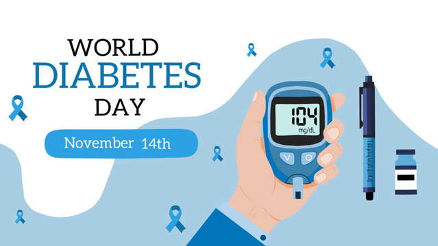 world diabetes day banner with hand holding a blood glucose meter, insulin, and insulin pen on blue background