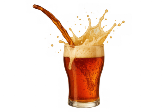 Pouring beer creating splash and foam in a pint glass, refreshing alcoholic drink on transparent background