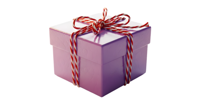 Gift - Pink gift box with red and white striped ribbon isolated on white background, perfect for birthday and holiday celebrations