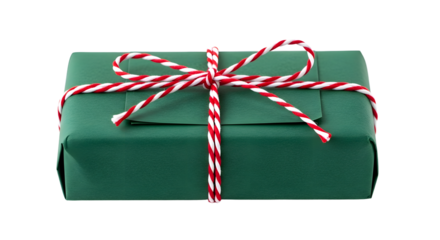 Gift - Green gift box wrapped with red and white striped ribbon, isolated on white background, perfect for Christmas and holiday celebrations