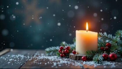 Scenic Christmas candle with snowy backdrop on wood, festive feel, decoration, holiday, winter