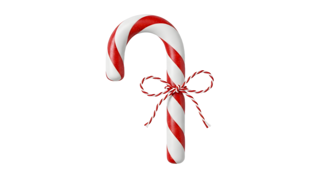 Gift - Red and white striped candy cane with bow isolated on black background, classic Christmas holiday treat perfect for seasonal greeting cards