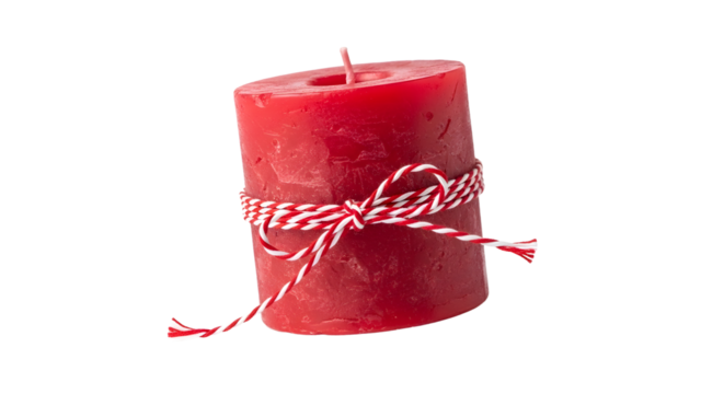 Gift - Red decorative candle tied with red and white string on white background, perfect for holiday decorations