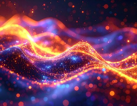 Abstract waves with a fiery glow and shimmering bokeh effects