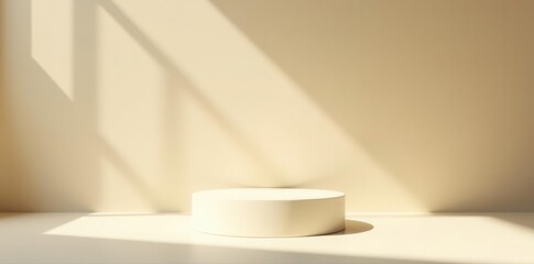 Sunlight illuminates three white cylindrical display stands on a beige surface , studio, commercial