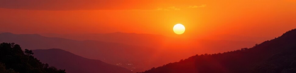 Vibrant orange sun, intense heat haze distorting distant hills, nature, background, dry