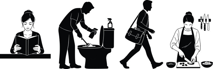 Daily routine activities set black silhouette woman reading cleaning toilet man walking work cooking kitchen chores lifestyle vector illustration people everyday life balance concept graphic minimal 