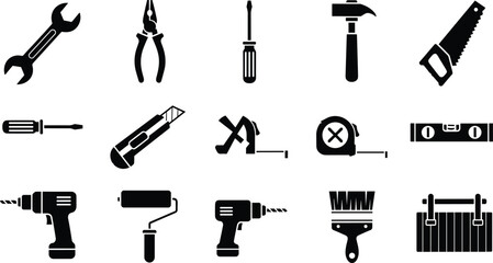 Professional construction and handyman tools set black silhouette icon wrench hammer saw drill screwdriver pliers toolbox utility knife paint brush tape measure level repair renovation kit