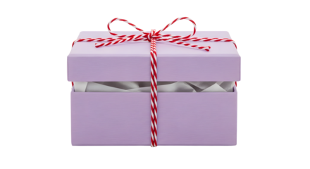 Gift - Lavender gift box with red and white striped string bow tied, isolated on white background, perfect for holiday and birthday presents