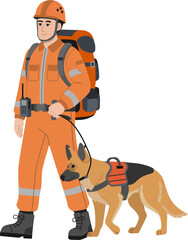 Search and Rescue (SAR) Worker with Service Dog Illustration, Rescue Team with German Shepherd Search Dog