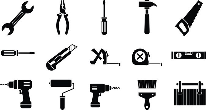 Professional construction and handyman tools set black silhouette icon wrench hammer saw drill screwdriver pliers toolbox utility knife paint brush tape measure level repair renovation kit