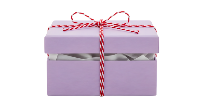 Gift - Lavender gift box with red and white striped string bow tied, isolated on white background, perfect for holiday and birthday presents