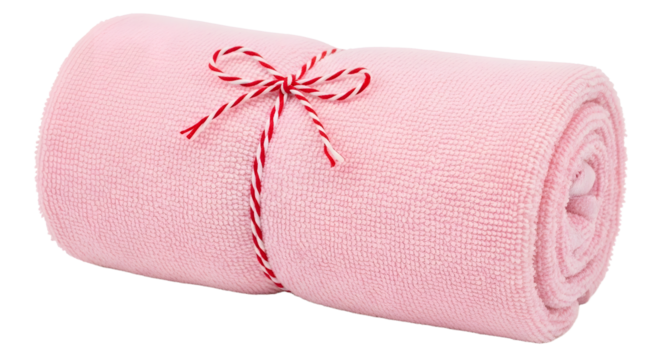 Gift - Pink rolled towel tied with red and white string on white background, perfect for spa and wellness promotions