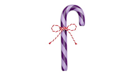 Gift - Purple striped candy cane with a red and white bow ribbon, festive holiday sweet treat perfect for Christmas decorations and seasonal celebrations