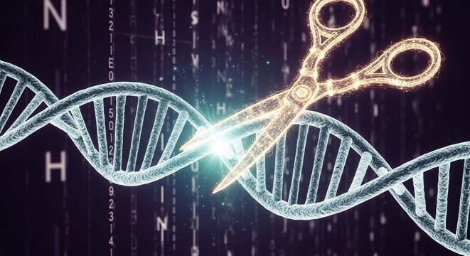 CRISPR gene editing concept with glowing scissors cutting DNA helix, biotechnology and genome engineering. - Powered by Adobe