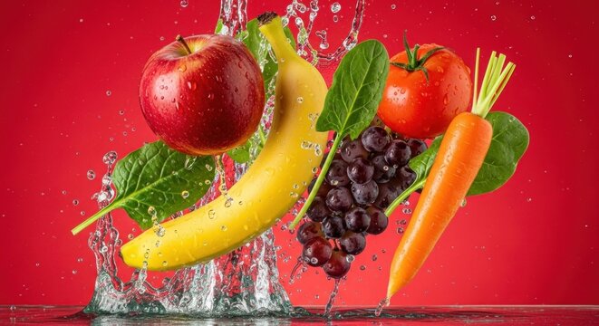 Fruit and vegetable splashing against a red background. - Powered by Adobe