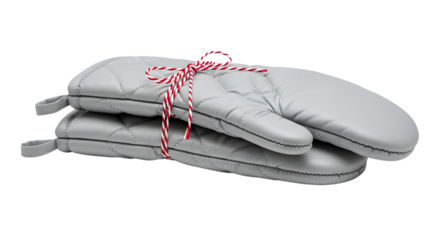 Gift - Pair of gray quilted oven mitts tied with red and white string isolated on white background, perfect for kitchen and cooking use