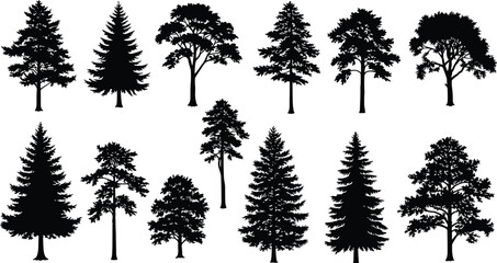 Collection of various tree silhouettes with detailed branches and leaves, natural forest design, vector illustration for landscape, nature, and environment art