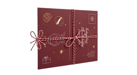 Gift - Red gift box wrapped with red and white string with holiday-themed golden prints, perfect for Christmas and festive celebrations