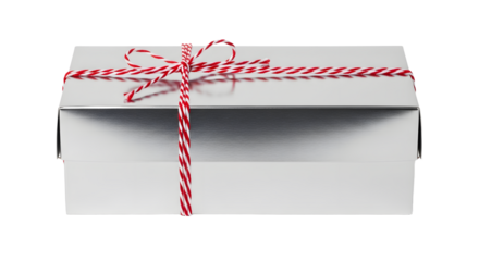 Gift - Silver gift box tied with red and white striped twine on white background, ideal for holiday presents or special occasion wrapping