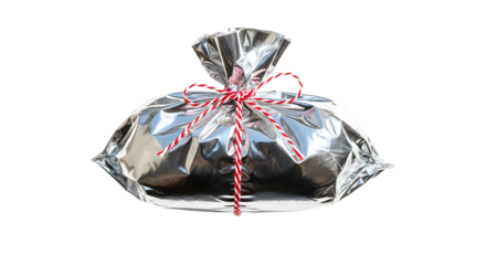 Gift - Shiny silver gift bag wrapped with red and white striped twine, perfect for festive occasions and elegant presents