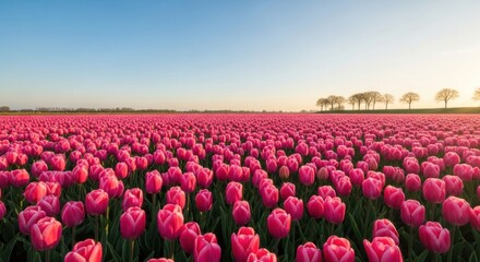 A vast field of pink tulips under a clear blue sky.