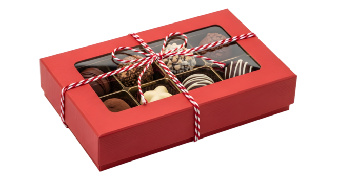 Gift - Red gift box of assorted chocolates tied with twine bow on white background, perfect for holidays and special occasions