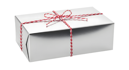 Gift - Silver gift box wrapped with red and white striped ribbon isolated on white background, ideal for holiday presents or special occasions