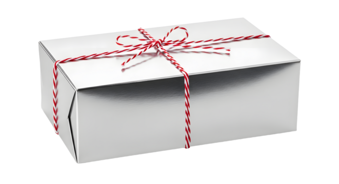 Gift - Silver gift box wrapped with red and white striped ribbon isolated on white background, ideal for holiday presents or special occasions