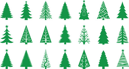 Large Collection of Green Christmas Tree Icons, Diverse Shapes and Styles of Coniferous Symbols, Holiday Vector Set for Winter Design, Seasonal Graphics, Isolated Elements on White Background.