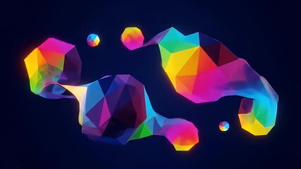 Abstract polygonal shapes in rainbow colors float on a dark blue, space-like background - Powered by Adobe