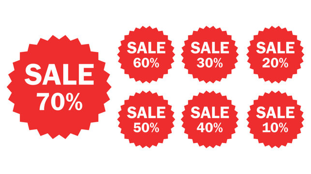 Collection of red sale discount labels showing various percentages from 10 to 70 off, promotional offer sticker set for marketing, shopping, clearance, Black Friday, and retail advertisement design.